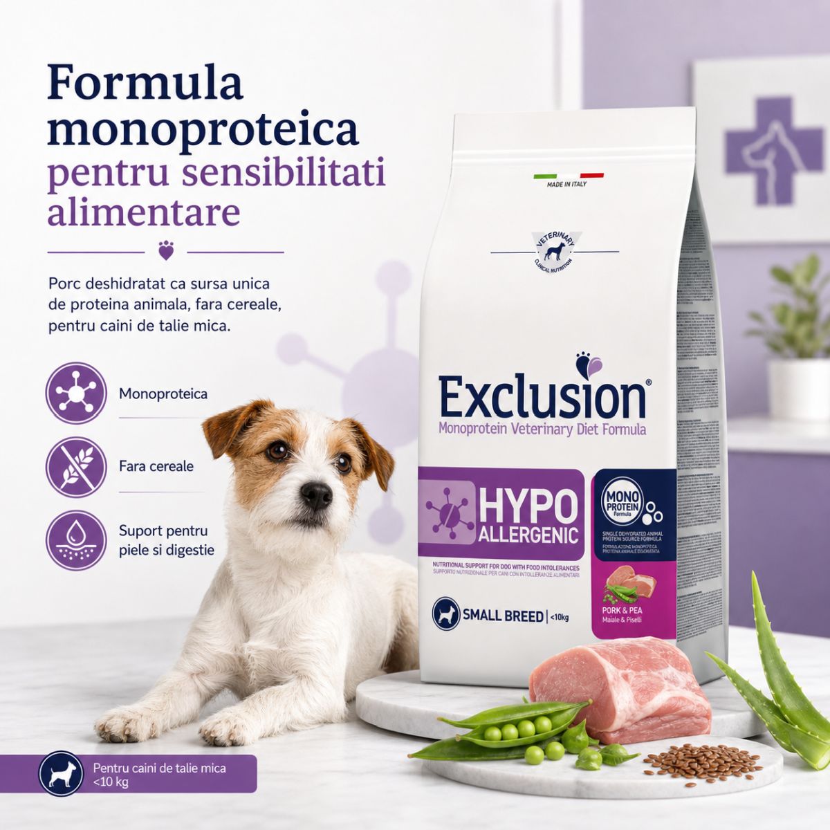 EXCLUSION Monoprotein VD Hypoallergenic Small, XS-S, Porc și Mazăre, dietă veterinară, hrană uscată fără cereale câini, alergii, 2kg - imagine 4